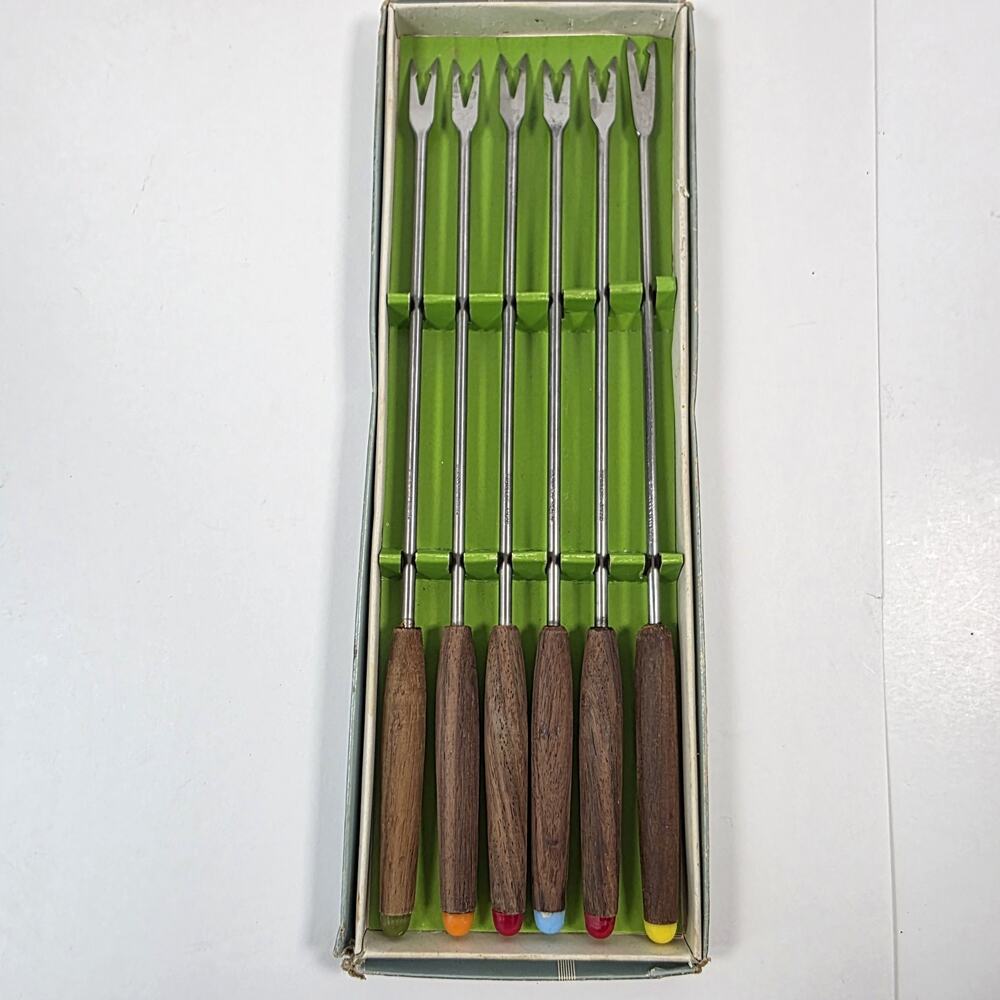 1970s Vintage Viking Fondue Forks Stainless Steel w/wooden colored handles Japan